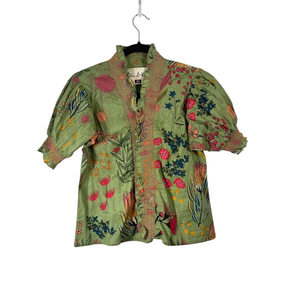 Fox & Hen Tops - Fox and Hen Green Floral Puff Sleeve Blouse Boho Artsy Womens XS
